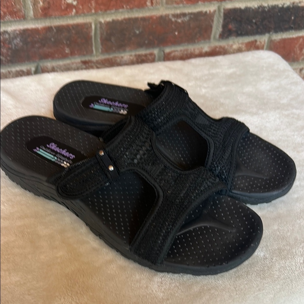 Women’s Skechers Black Slide Sandals with Textured Footbed
